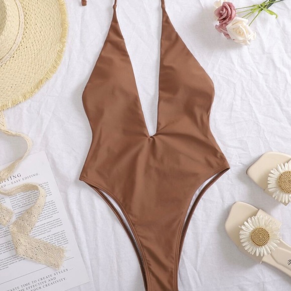 Halter Plunging One Piece Swimsuit - Picture 1 of 5